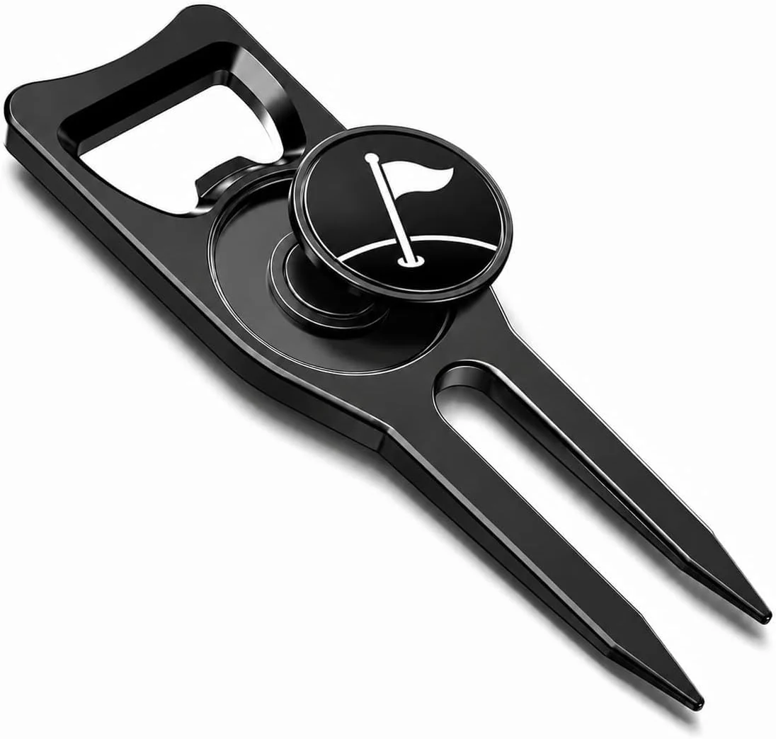 Black 6-in-1 golf divot repair tool
