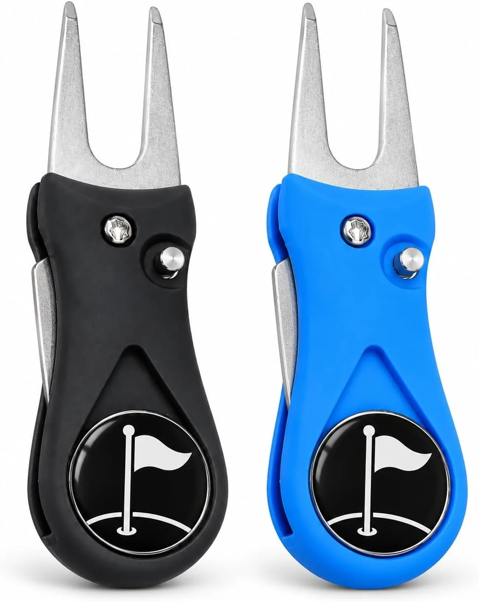 Black and blue compact foldable golf divot tools
